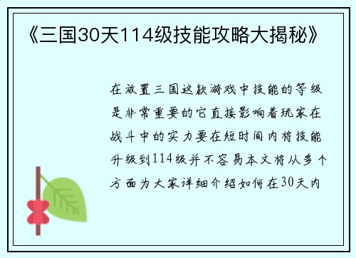 《三国30天114级技能攻略大揭秘》