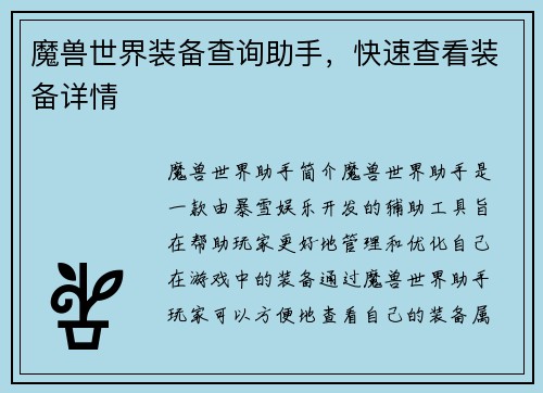 魔兽世界装备查询助手，快速查看装备详情