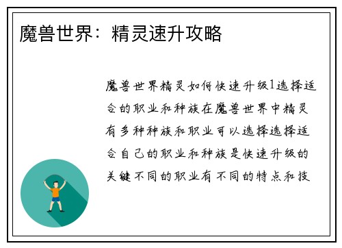 魔兽世界：精灵速升攻略